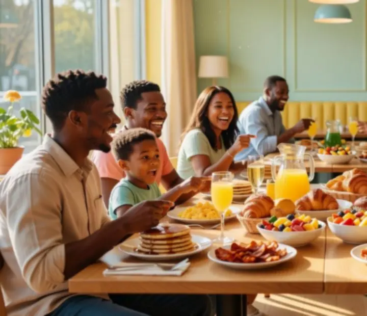 Óriás vasárnapi brunch közösségi asztalokkal és színes fogásokkal